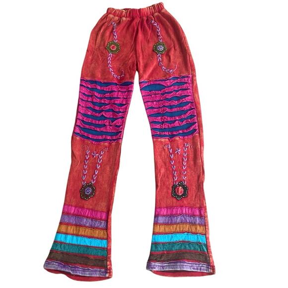 Y2K 90’s Groovy Hippie Pants Embroidered Patchwork Gypsy Colorful Sz S Flare - Picture 1 of 14